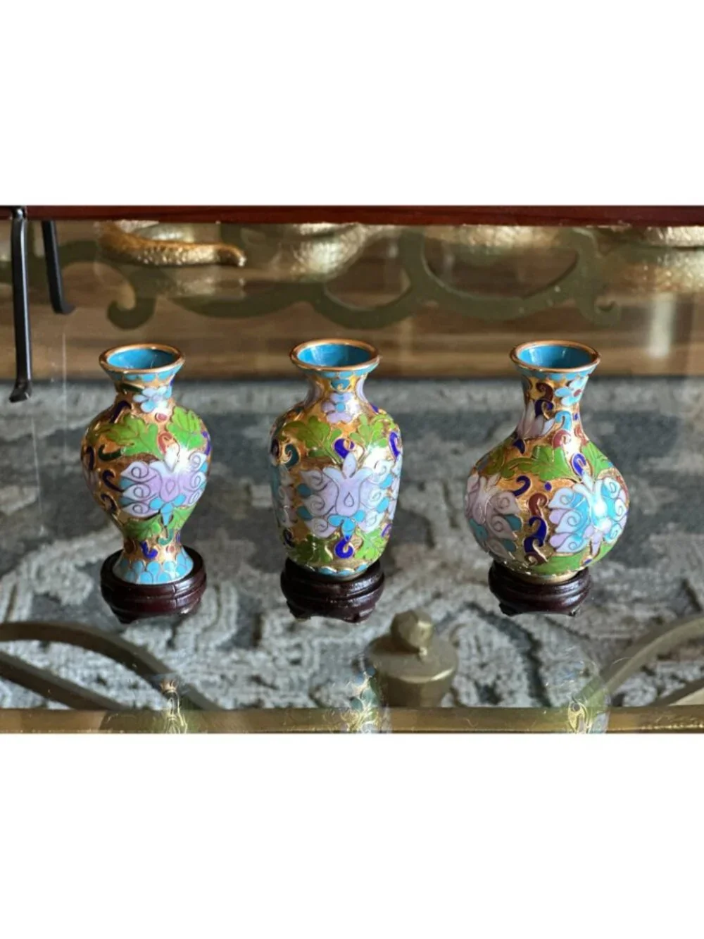Vintage Chinese Cloisonné Mini Vase Set of 3 Floral Enamel Brass w/ Boxes & Wood
